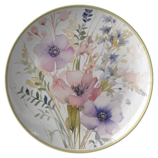 Gold Rimmed Dinner Plate - Pink, Purple & Navy Floral Wild Flower Bouquet
