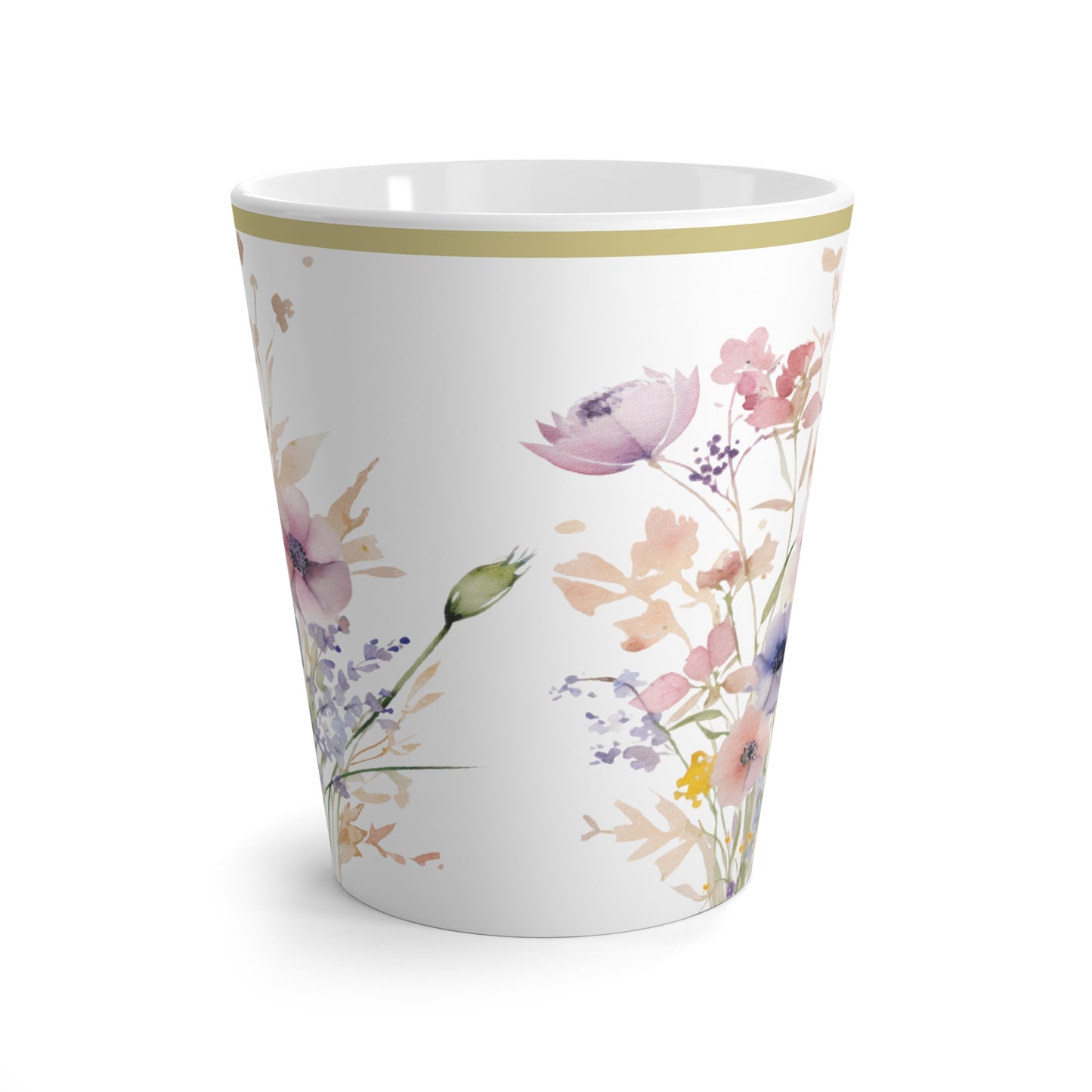 Gold Rimmed Floral Wild Flower Bouque | Latte Mug | Pastel Mave, Blue, Orange & Green