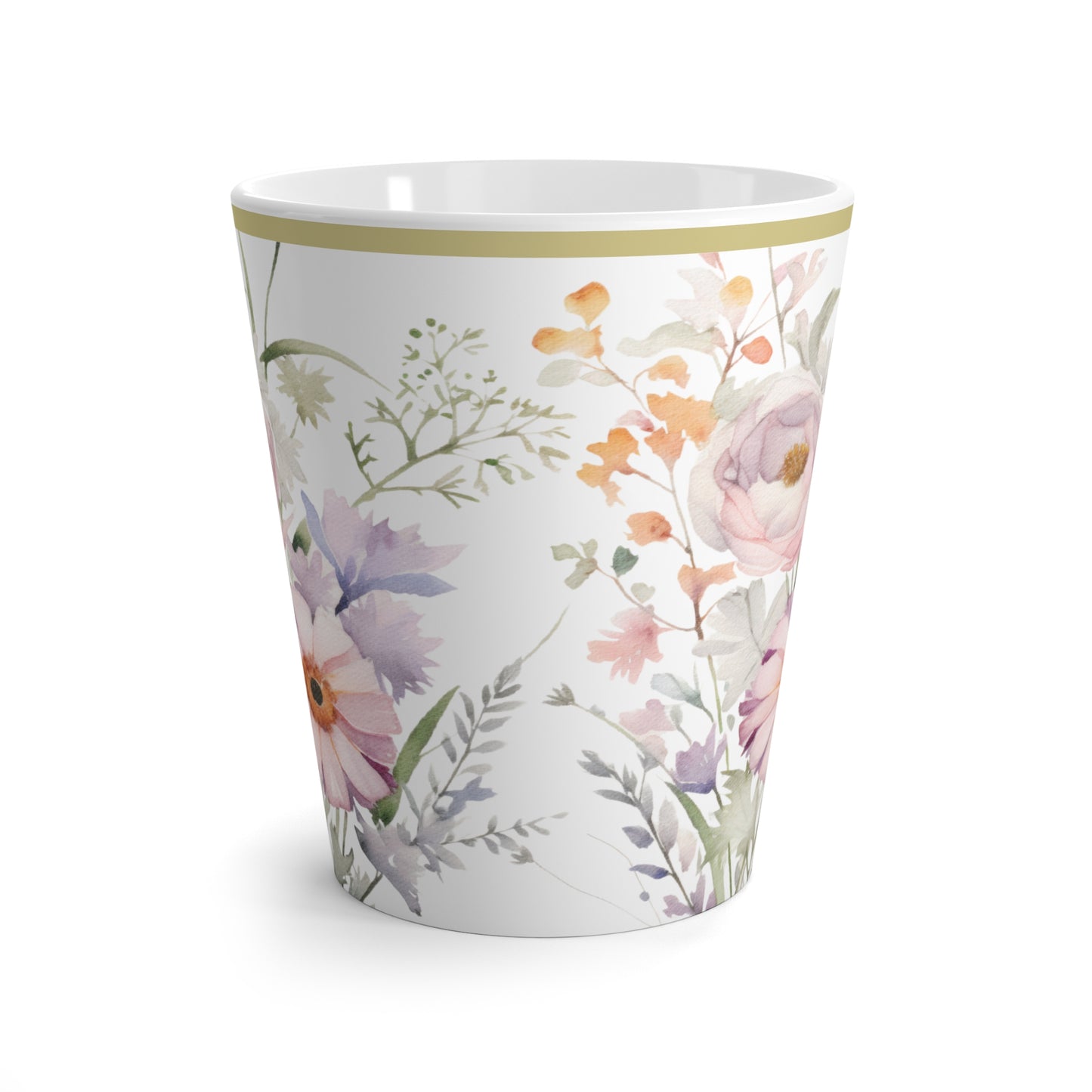 Gold Rimmed Floral Wild Flower Bouque | Latte Mug | Pastel Purple, Blue & Orange