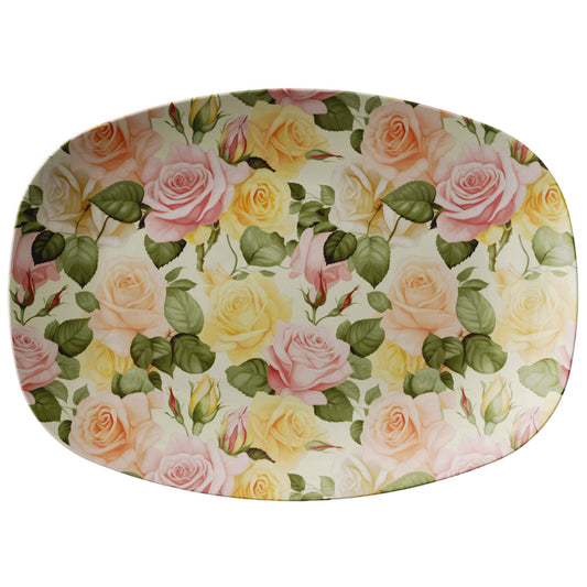 Vintage Pastel Pink and Yellow Roses Platter