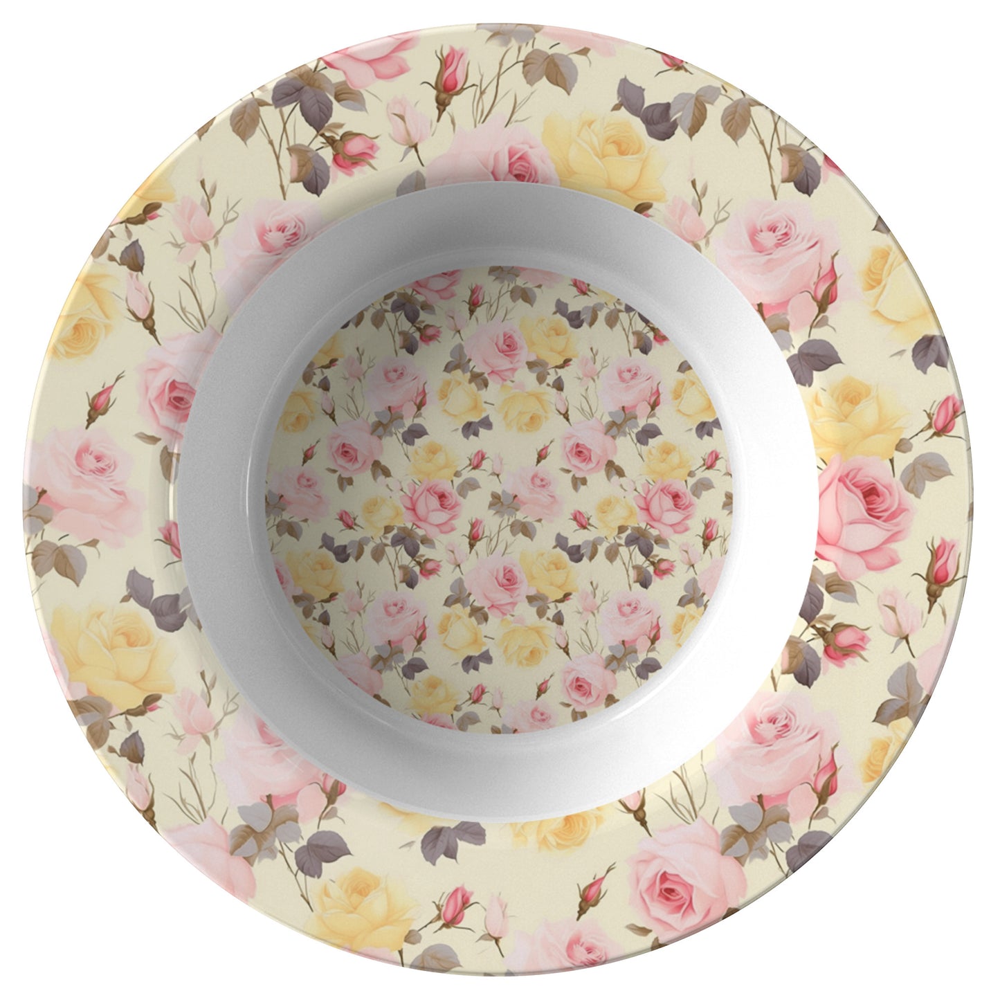 Vintage Pastel Pink and Yellow Roses with Pink Trim Bowl