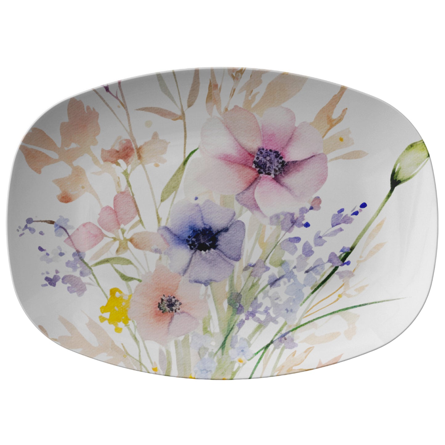 Pastel Mauve, Blue, Orange & Green Floral Wild Flower Bouquet Platter