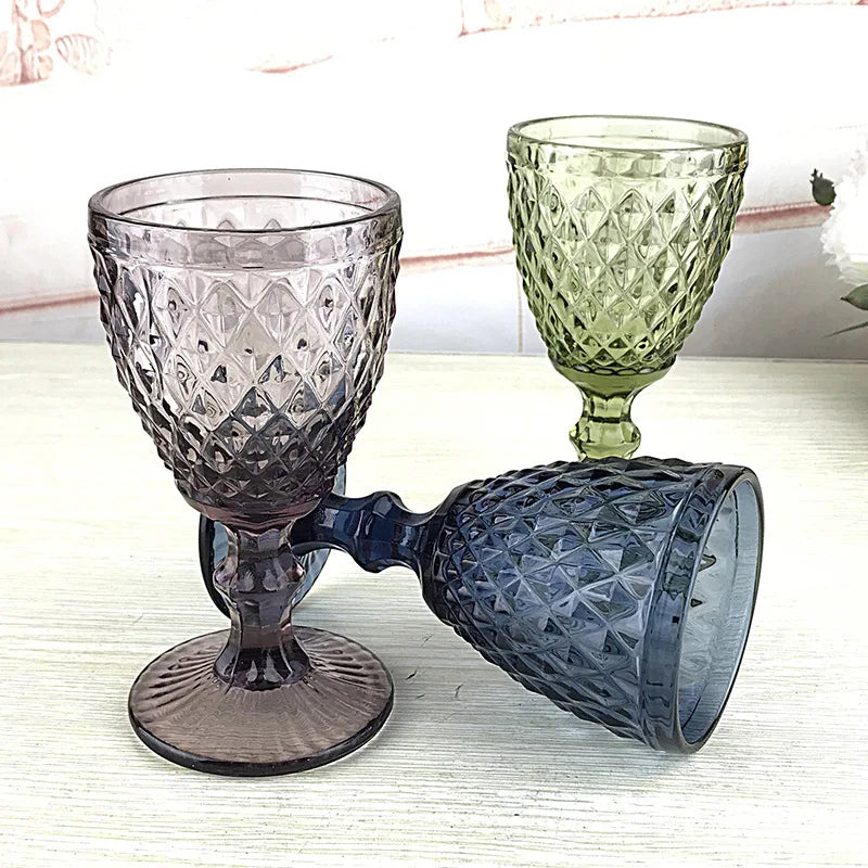Vintage Retro Embossed Blue Wine Glass - 300ml Capacity for Juice, Champagne & more