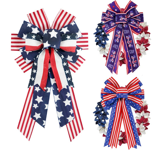 Large Patriotic American Flag Wreath Bow For Indoor Outdoor Bunting Wreath Holiday Independence Day Party Door Wall Decoration